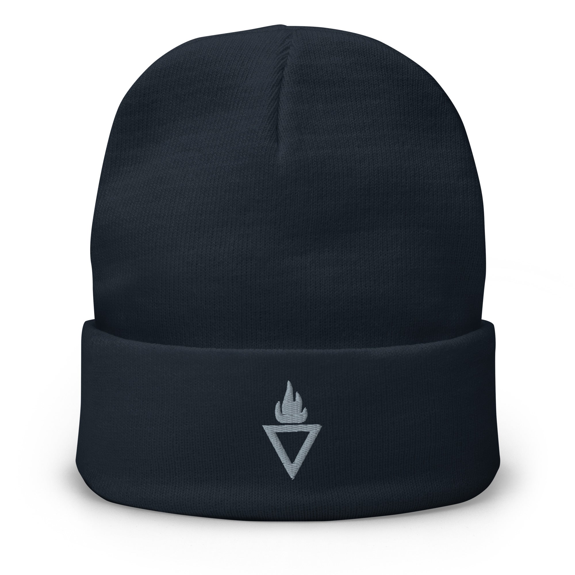 Dunkelblaue Rebel Guard Beanie mit detailreicher weißer Logo-Stickerei auf dem Umschlag, vor weißem Hintergrund.