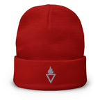 Rote Rebel Guard Beanie mit weißer Logo-Stickerei vorne. Wintermütze mit Umschlag für Herren und Damen.