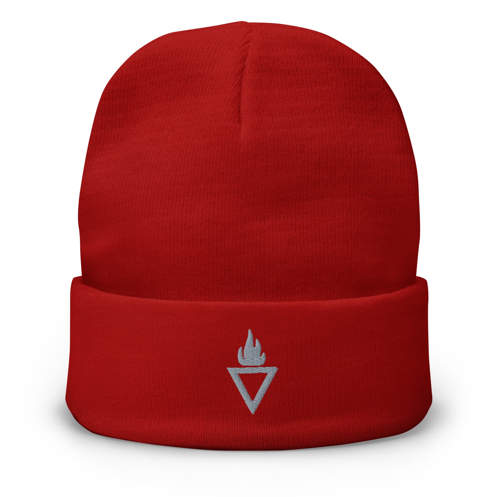 Rote Rebel Guard Beanie mit weißer Logo-Stickerei vorne. Wintermütze mit Umschlag für Herren und Damen.