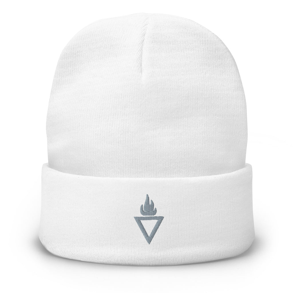 Weiße Rebel Guard Beanie mit grau besticktem Logo: Hochwertige Baumwoll-Mütze für Herren und Damen von Rebelicious.