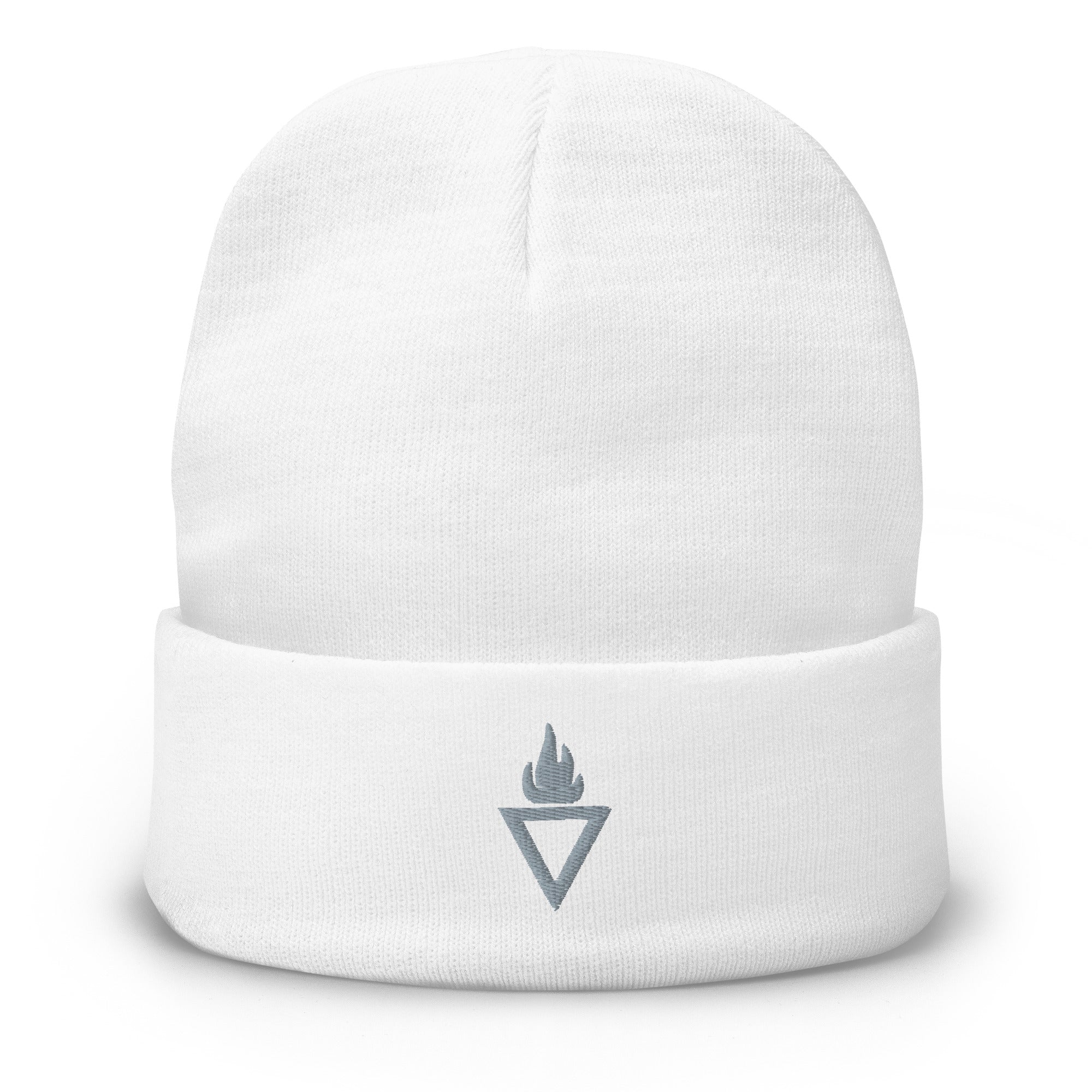 Weiße Rebel Guard Beanie mit grau besticktem Logo: Hochwertige Baumwoll-Mütze für Herren und Damen von Rebelicious.