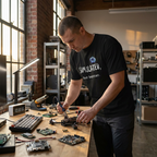 Ein Tech-Rebel im schwarzen "Simulated But Better T-Shirt" lötet konzentriert an Elektronikbauteilen am Werktisch.