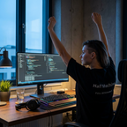 Frau im schwarzen Programmierer Shirt "Half Machine" streckt sich zufrieden am Computer-Arbeitsplatz mit Code auf dem Bildschirm.