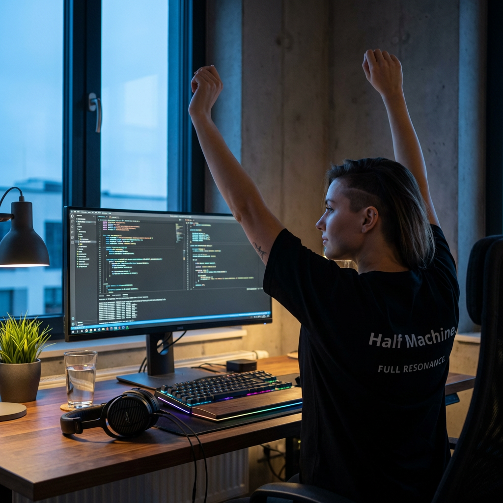 Frau im schwarzen Programmierer Shirt "Half Machine" streckt sich zufrieden am Computer-Arbeitsplatz mit Code auf dem Bildschirm.