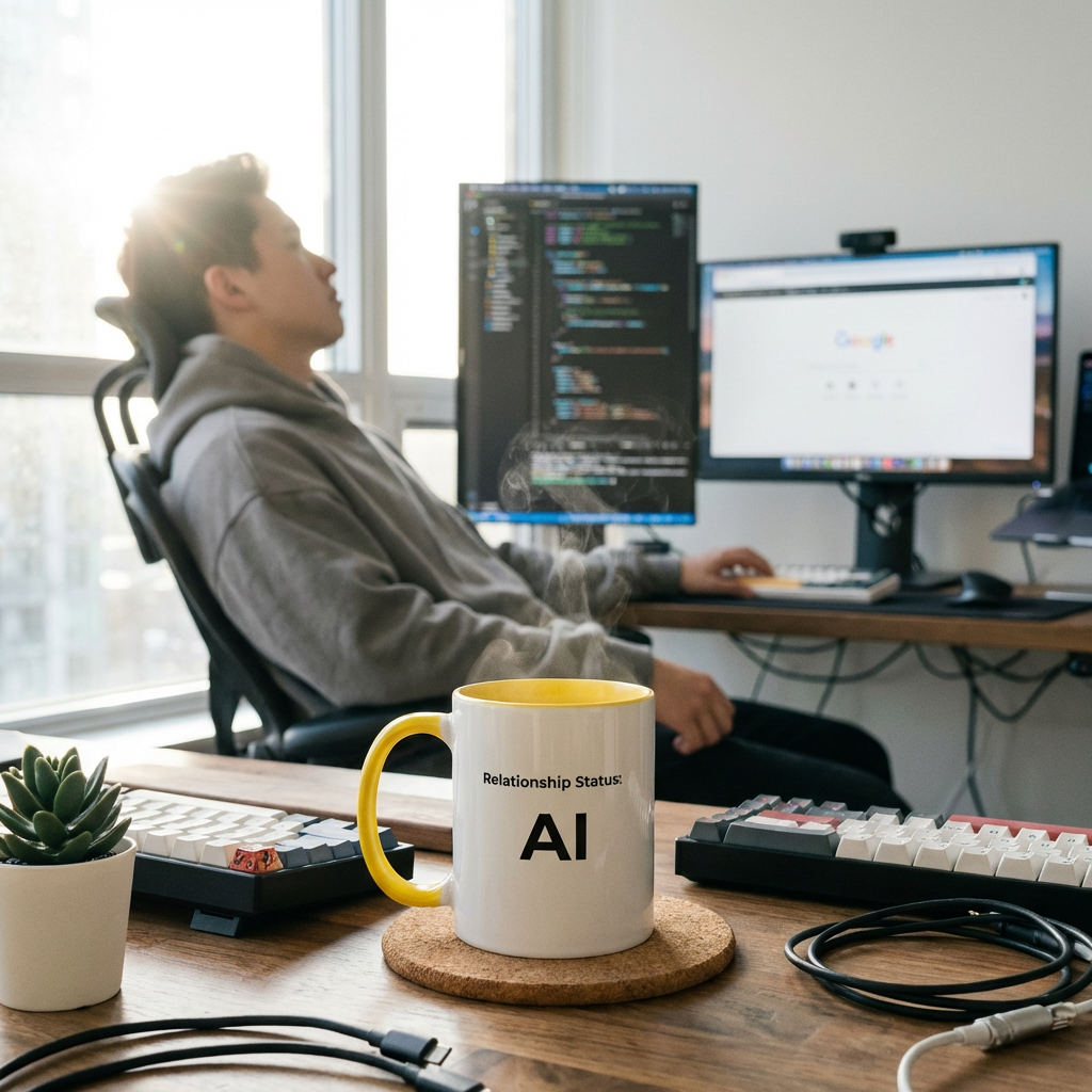 Relationship Status: AI Tasse in Weiß-Gelb auf Programmierer-Schreibtisch neben Tastatur und Monitoren.