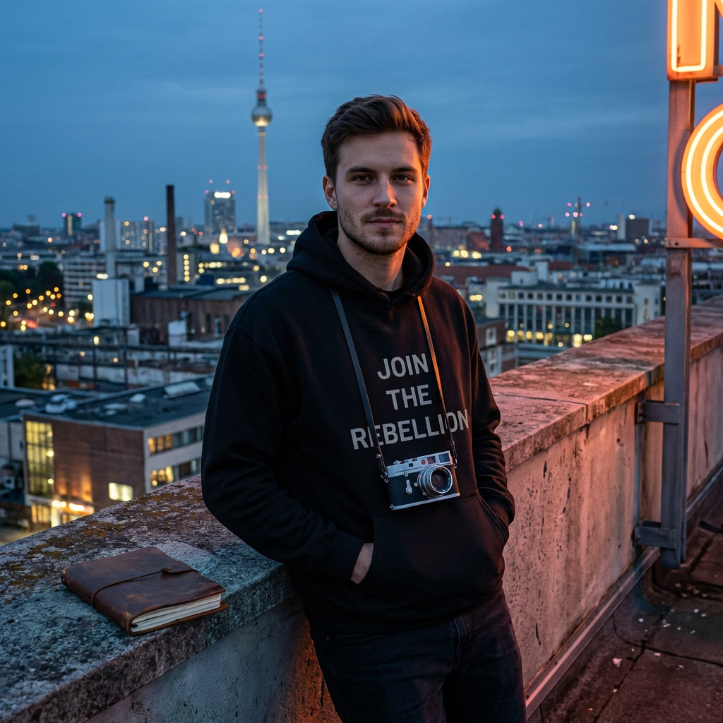 Junger Mann trägt JOIN THE REBELLION Kapuzenpullover auf Dachterrasse mit Berlin-Skyline im Abendlicht. Kamera.