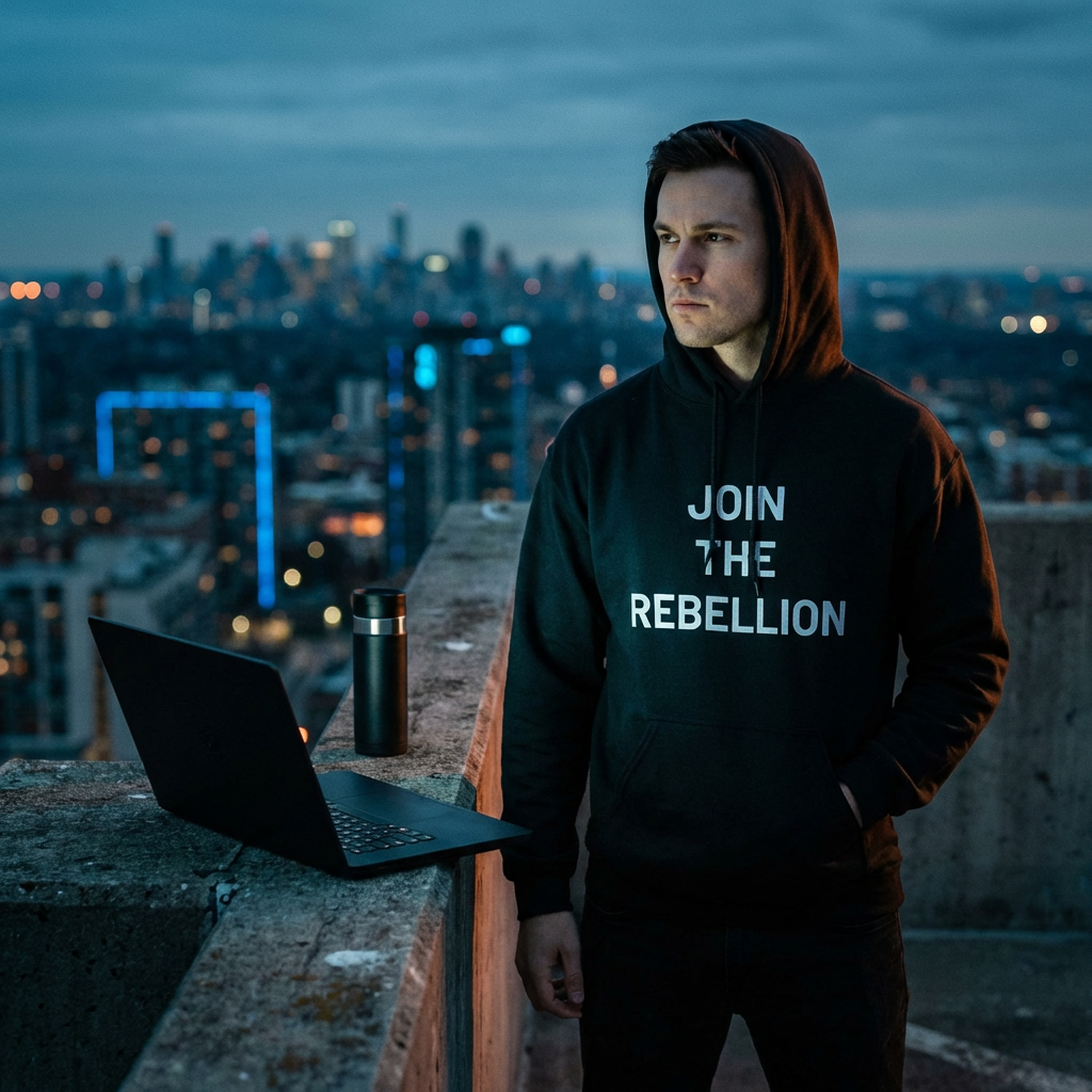 Nachdenklicher Mann in JOIN THE REBELLION Kapuzenpullover auf Dachterrasse, mit Laptop & Thermobecher, Blick auf Stadtlichter.