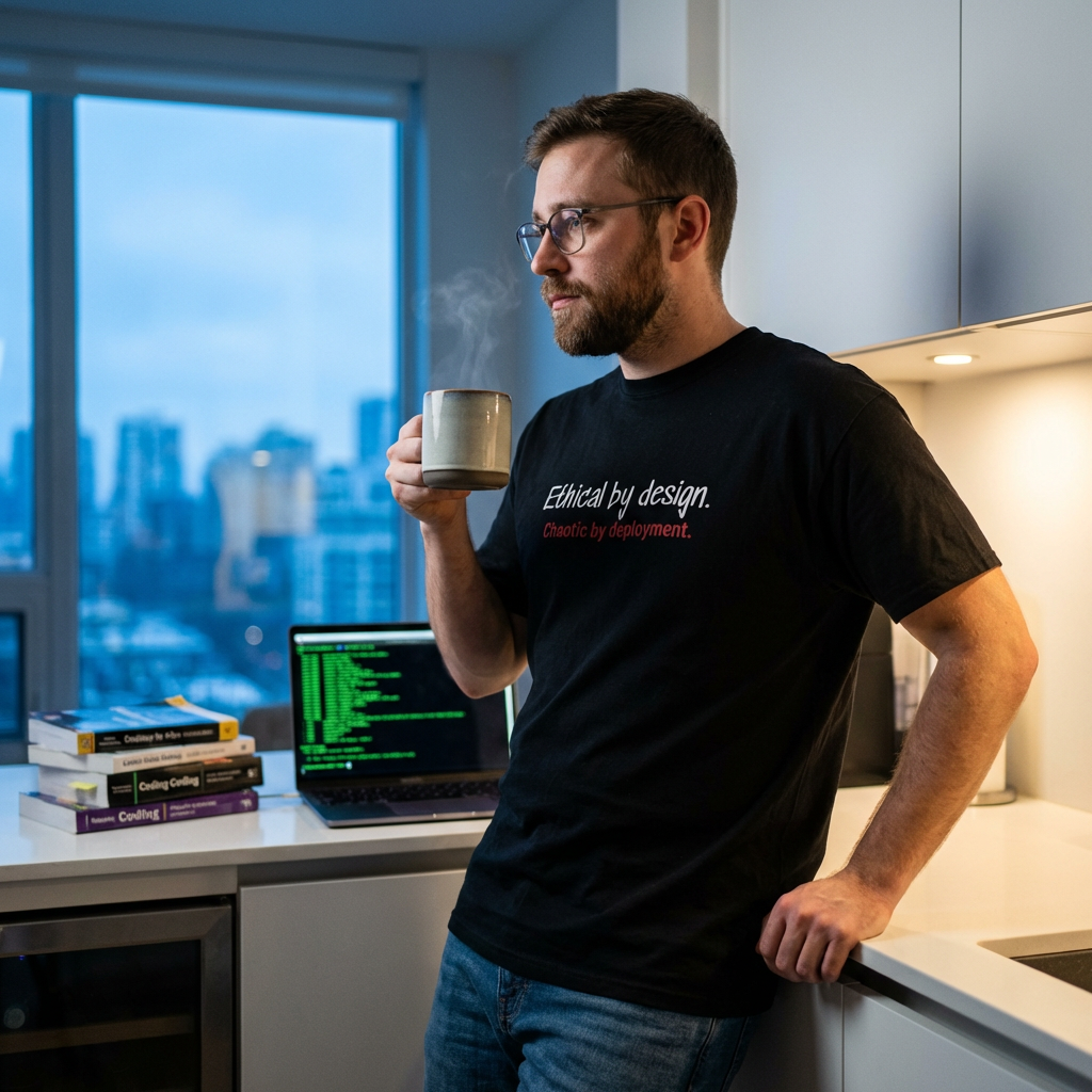 Entwickler im Developer T-Shirt 'Ethical by Design Chaos' trinkt Kaffee an Küchentheke, Laptop mit Code, Stadtblick.
