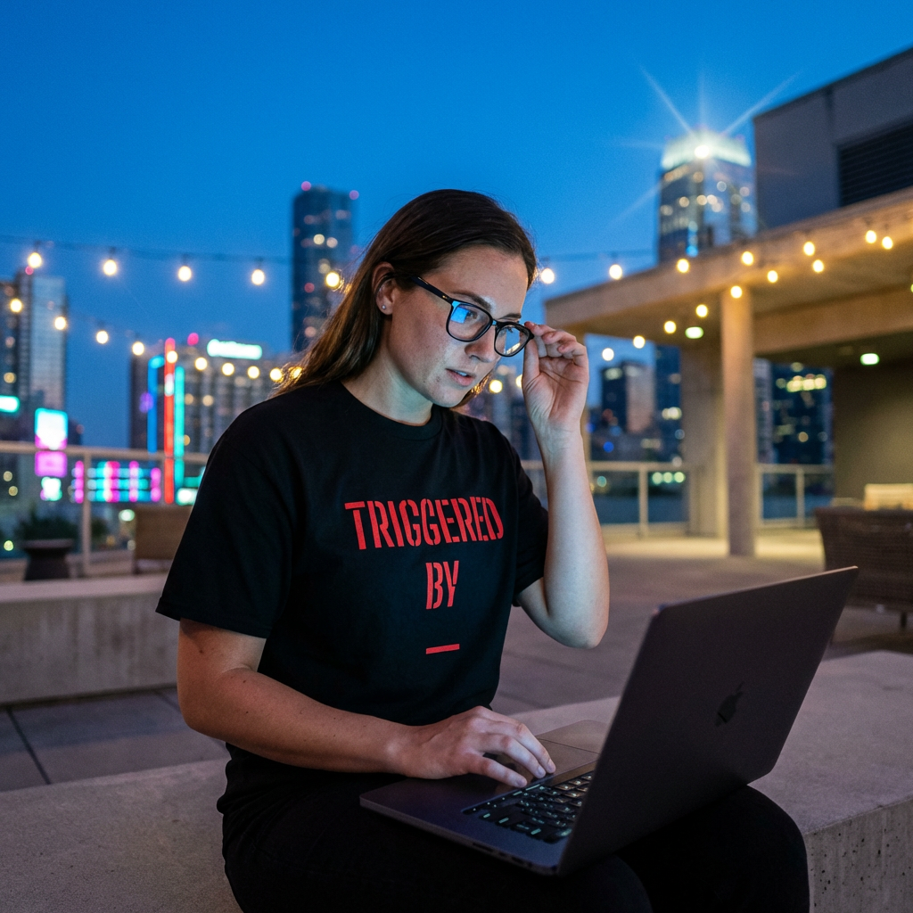 Frau im Triggered by Em Dash T-Shirt, die nachts auf einer Dachterrasse am Laptop arbeitet, Brille anpassend, vor Stadtskyline.