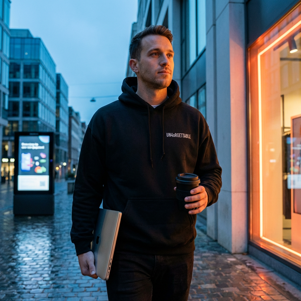Mann im schwarzen UN4oRGETTABLE Hoodie mit Laptop und Kaffeebecher geht abends auf urbaner Straße.
