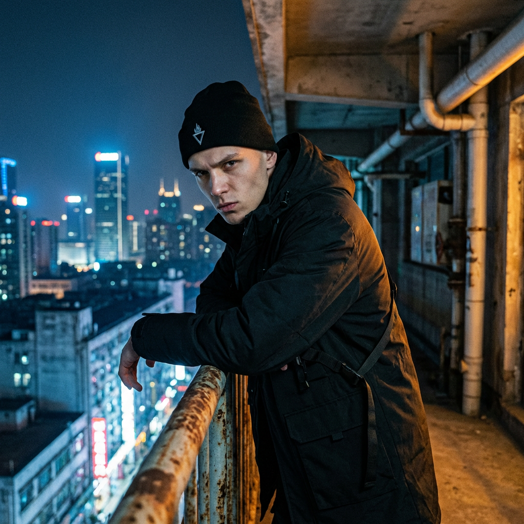 Schwarze Rebel Guard Beanie mit Logo-Stickerei: Mann im Urban-Tech-Style vor nächtlicher Stadt-Skyline.