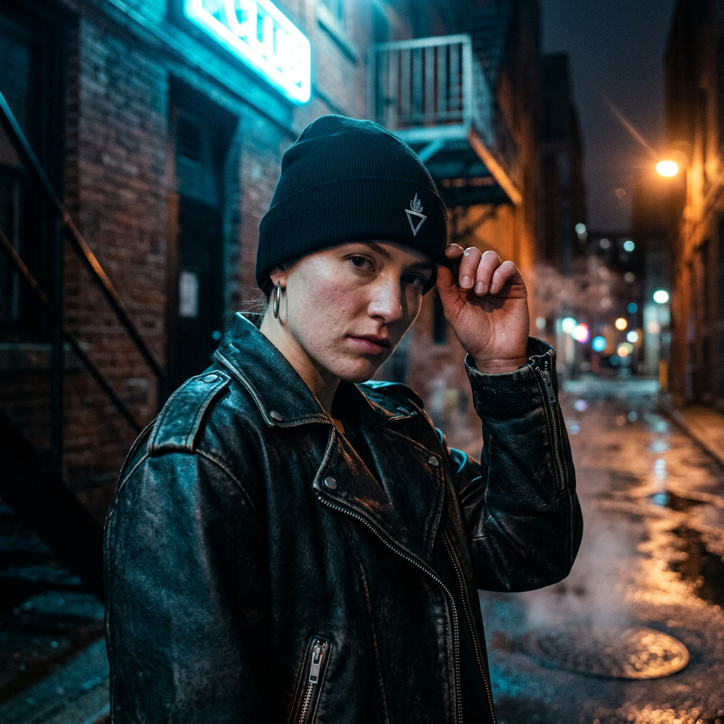 Frau in Lederjacke trägt die schwarze Rebel Guard Beanie mit Logo-Stickerei im urbanen Tech-Stil bei Nacht.