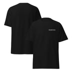 Schwarzes UN4oRGETTABLE Premium Unisex T-Shirt aus Bio-Baumwolle, Vorder- und Rückansicht mit weißem Logo-Print.