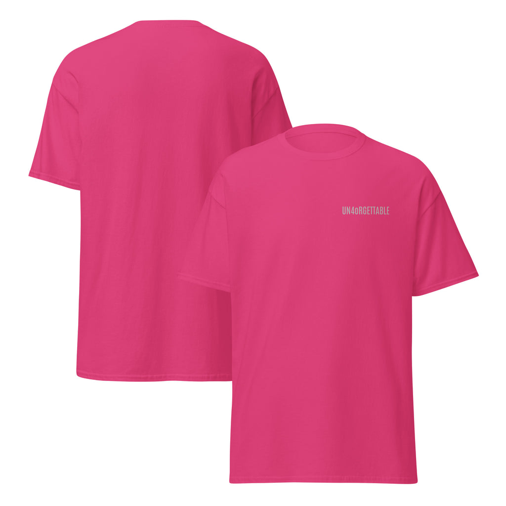 Pinkes UN4oRGETTABLE Unisex T-Shirt aus Premium-Baumwolle, Vorder- und Rückansicht mit Logo-Print auf der Brust.