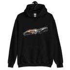 Schwarzer Unisex Hoodie mit Renaissance KI-Print: Menschliche Hand trifft Roboterhand im System Call Design.