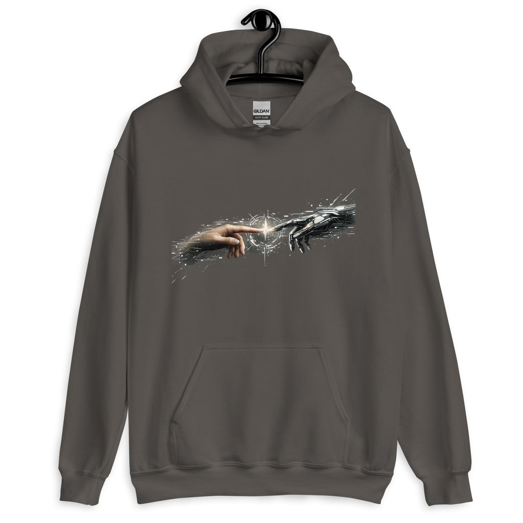 Dunkelgrauer Hoodie mit Renaissance-Print: Menschliche Hand berührt KI-Roboterhand im Stil der Erschaffung Adams.