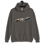 Dunkelgrauer Hoodie mit Renaissance-Print: Menschliche Hand berührt KI-Roboterhand im Stil der Erschaffung Adams.