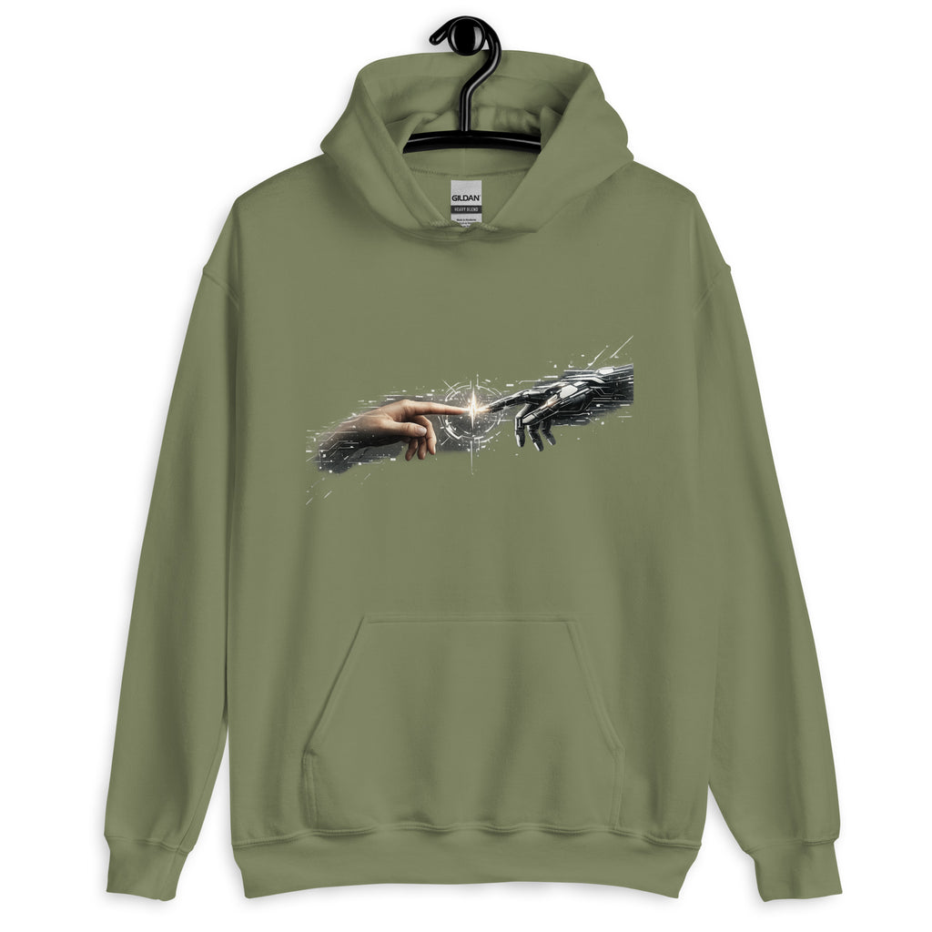 Olivenfarbener Hoodie mit Renaissance-Print: Menschliche Hand berührt Roboter-Hand im Michelangelo-Stil.