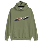 Olivenfarbener Hoodie mit Renaissance-Print: Menschliche Hand berührt Roboter-Hand im Michelangelo-Stil.