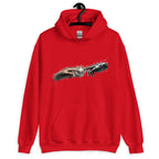 Roter System Call Unisex Hoodie mit Renaissance KI-Motiv: Mensch und Roboterhand berühren sich im Michelangelo-Stil.