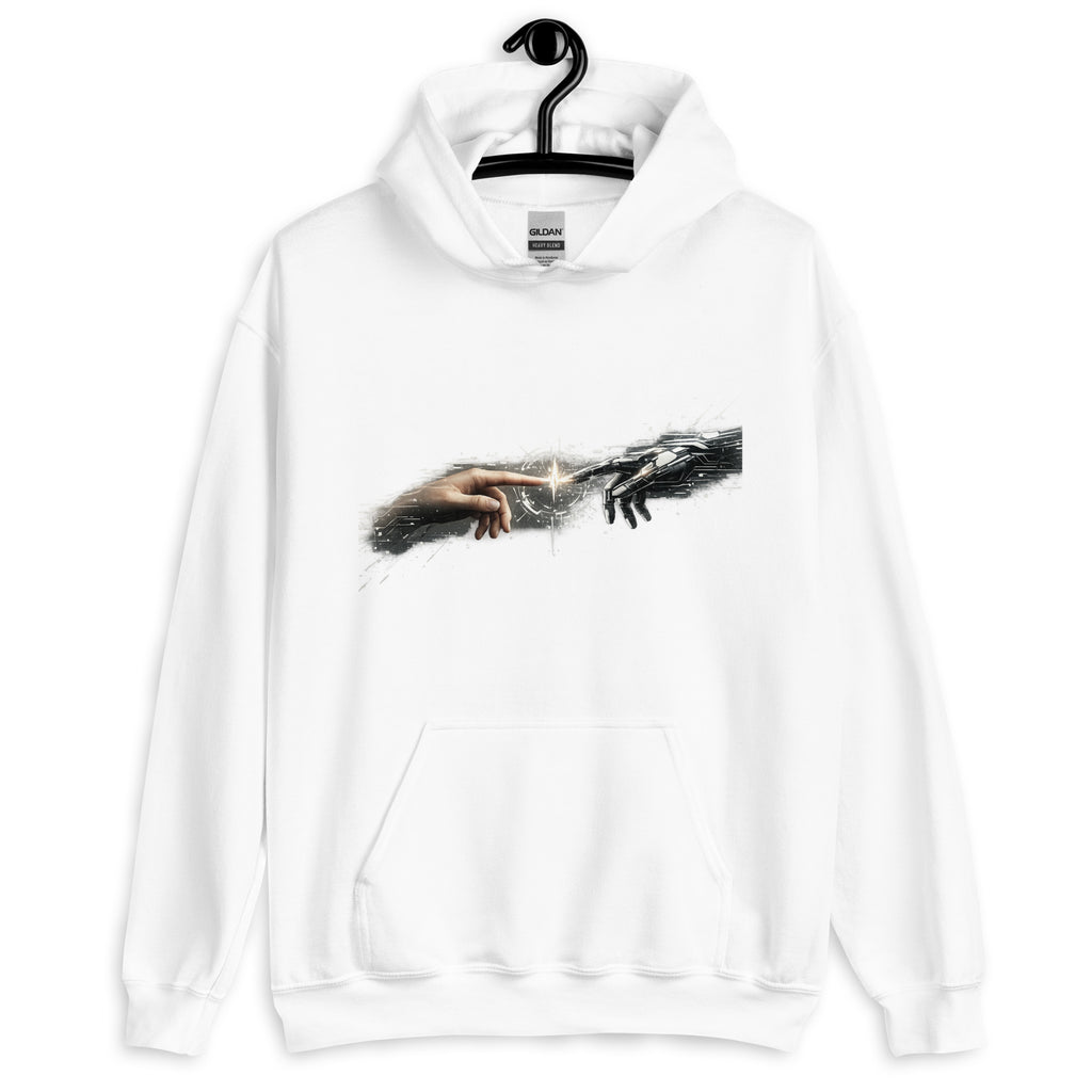 Weißer System Call Hoodie mit Renaissance-Motiv: Menschliche Hand berührt Roboter-Hand im Stil der Erschaffung Adams.