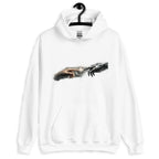 Weißer System Call Hoodie mit Renaissance-Motiv: Menschliche Hand berührt Roboter-Hand im Stil der Erschaffung Adams.