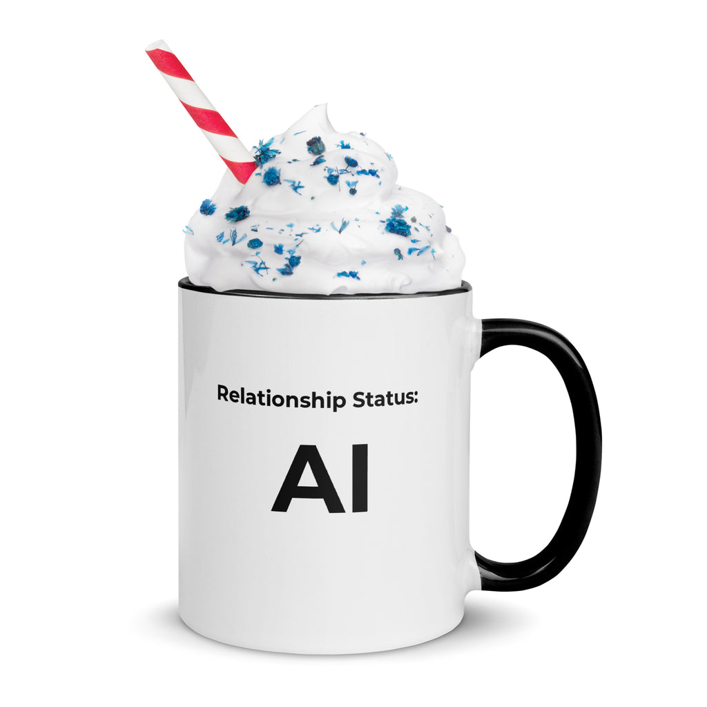Relationship Status AI Tasse für Programmierer mit schwarzem Henkel, weißer Keramik, Sahnehaube und Strohhalm.