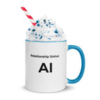 Weiße AI Tasse mit hellblauem Henkel, Aufdruck Relationship Status: AI, Sahnehaube und Strohhalm – Geschenk Programmierer.
